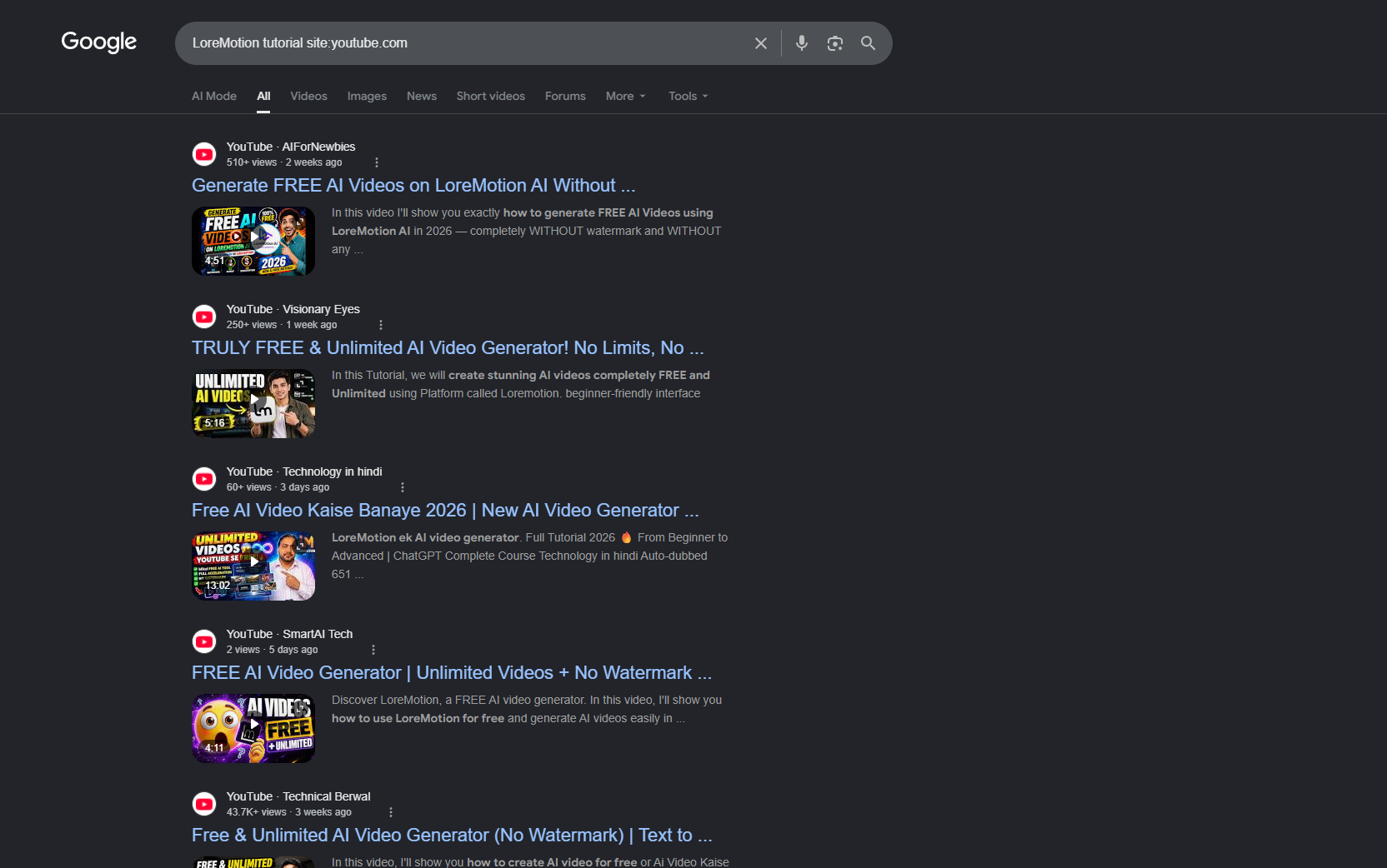 Google search results for LoreMotion tutorial site:youtube.com showing independent YouTube walkthroughs by AIForNewbies, Visionary Eyes, Technology in hindi, SmartAI Tech, and Technical Berwal.
