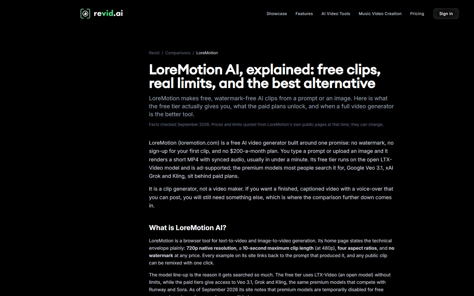 Revid.ai comparison page: LoreMotion AI explained, free clips, real limits, and the best alternative. Facts checked September 2026.