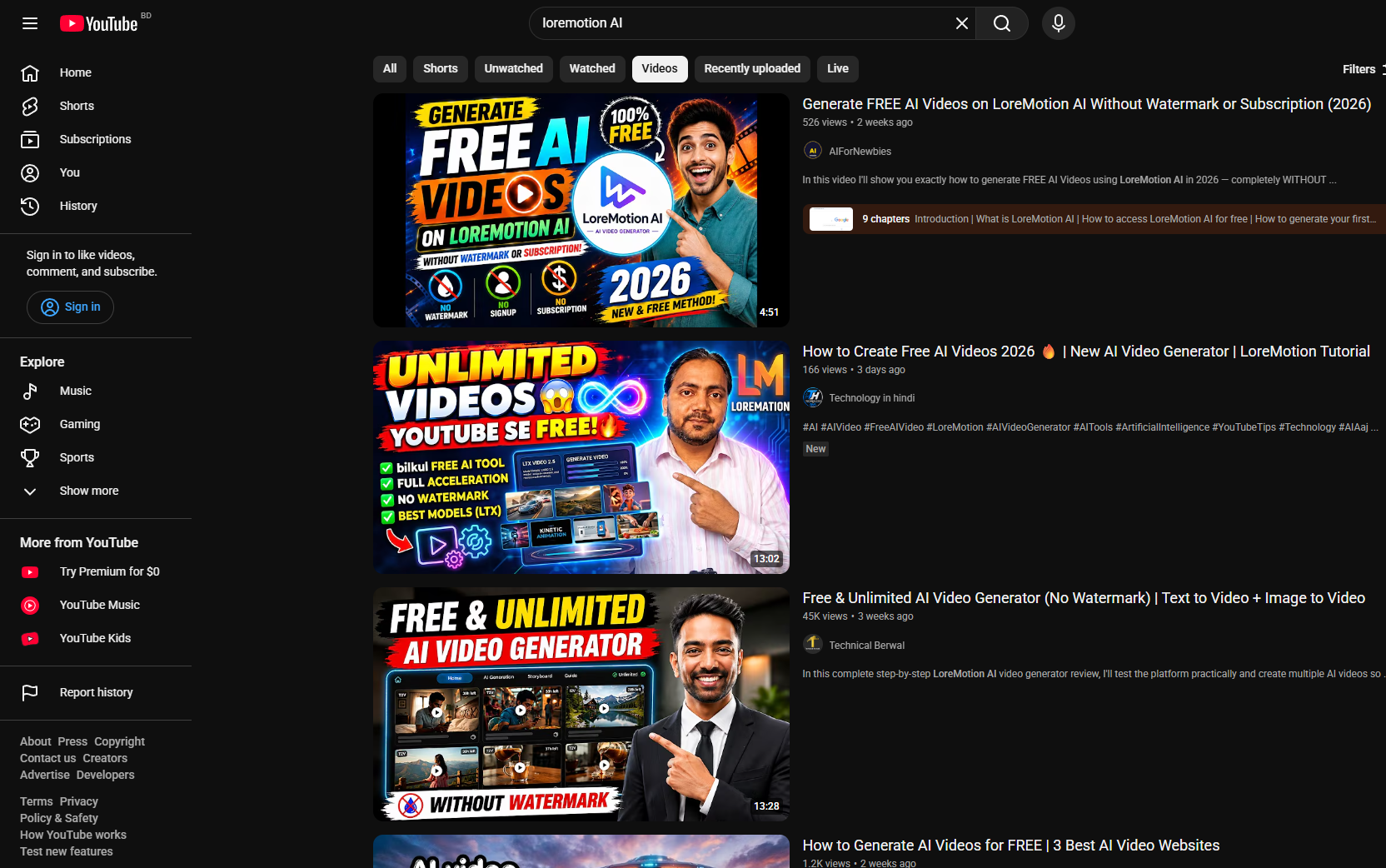 YouTube search for loremotion AI showing independent tutorials: Generate FREE AI Videos on LoreMotion AI, a Hindi LoreMotion tutorial, and Technical Berwal’s free unlimited generator walkthrough.