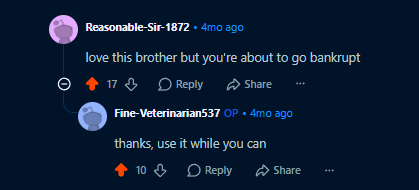 Reddit comment saying LoreMotion is about to go bankrupt, and the founder’s reply: thanks, use it while you can.