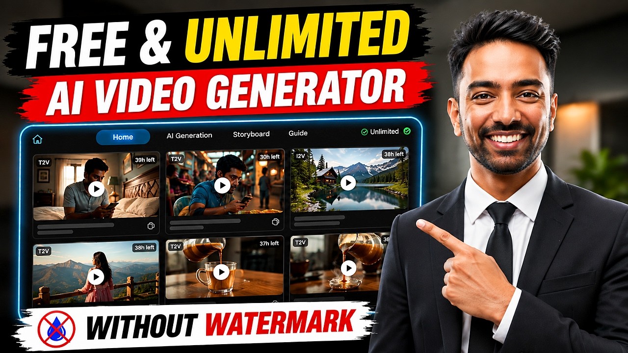 YouTube thumbnail: Free and Unlimited AI Video Generator, no watermark, text to video and image to video