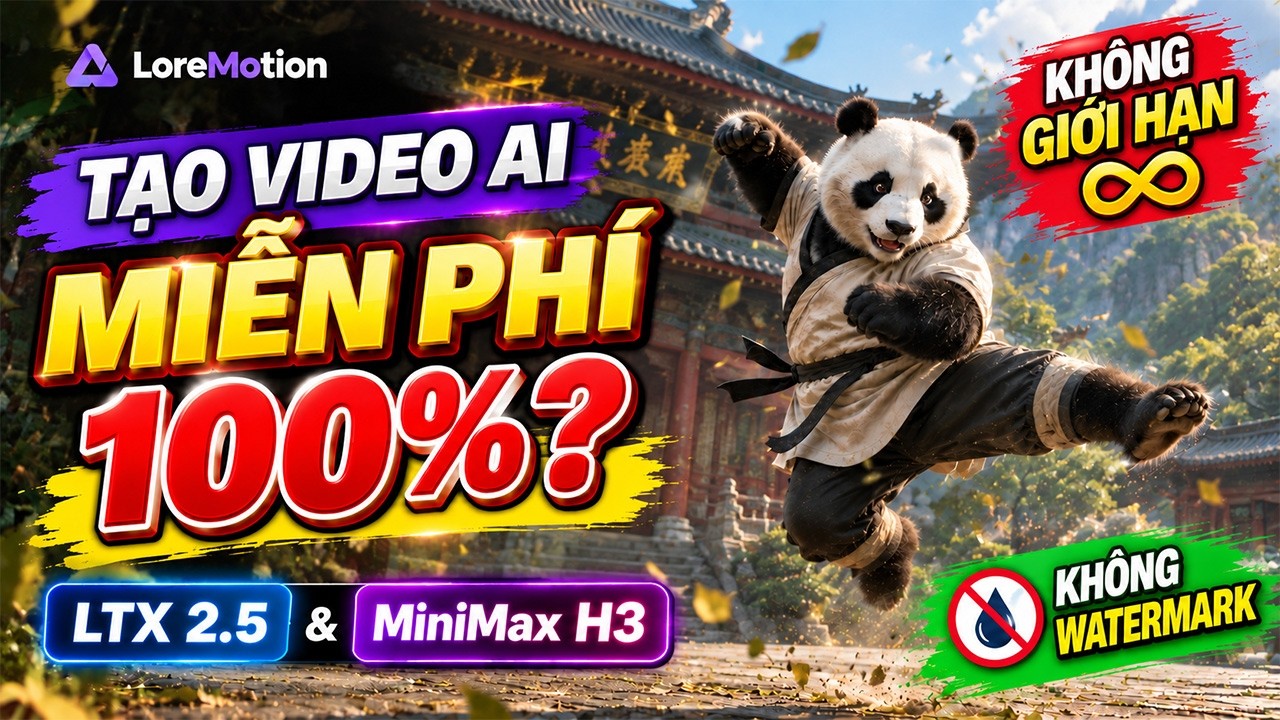 YouTube thumbnail: LoreMotion now has LTX 2.5 and MiniMax H3, Vietnamese tutorial