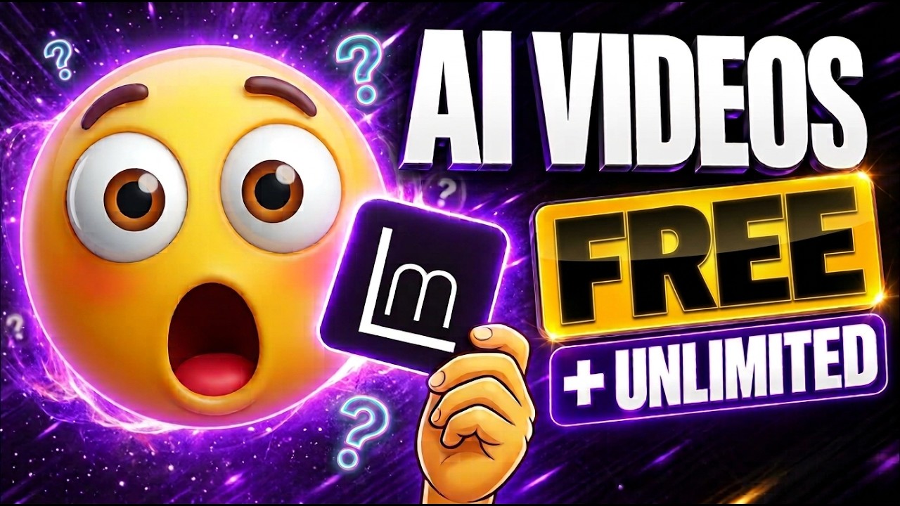 YouTube thumbnail: FREE AI Video Generator, unlimited videos, no watermark, LoreMotion 2026