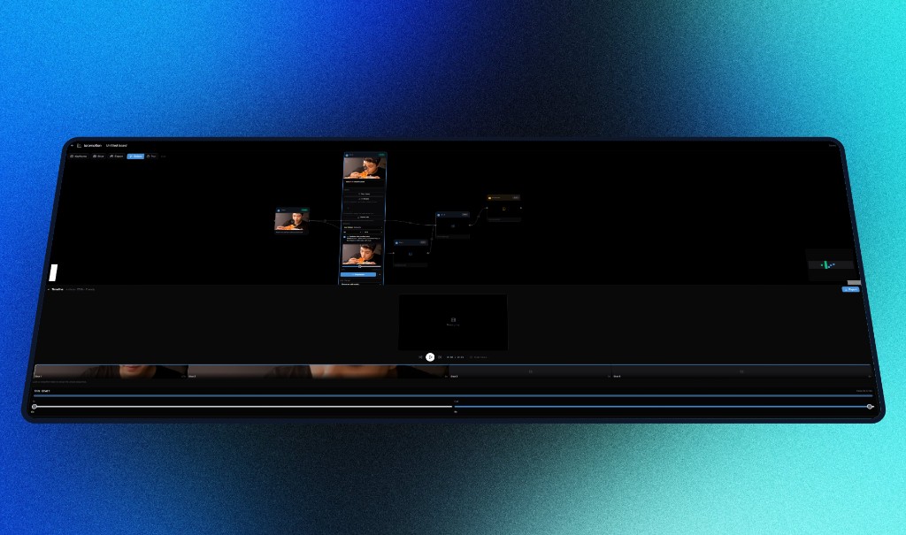 LoreMotion Storyboard: node canvas of stills and clips with a timeline export underneath.
